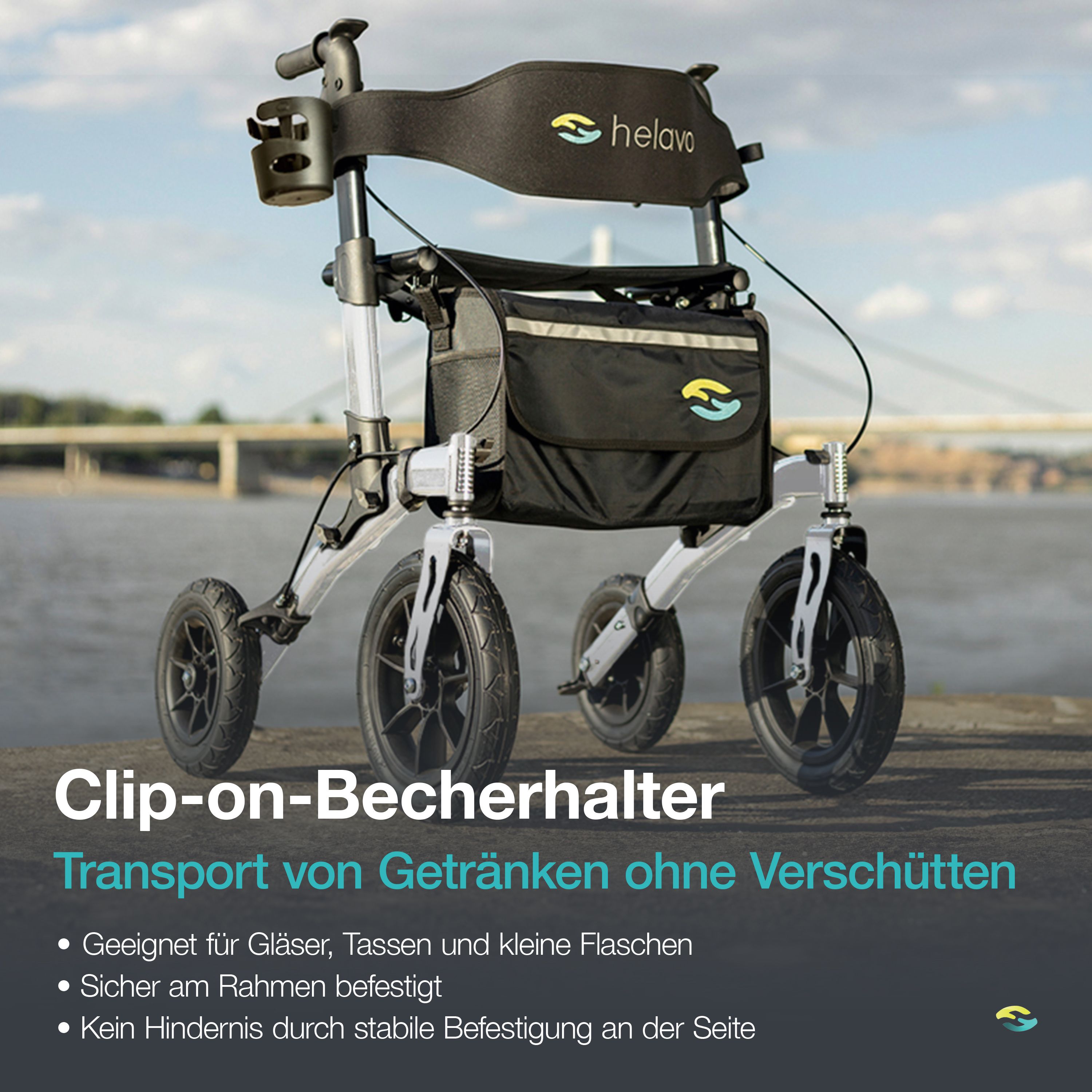Rollator Helavo avec porte-gobelet clipsable pour boissons, fixé solidement au cadre.