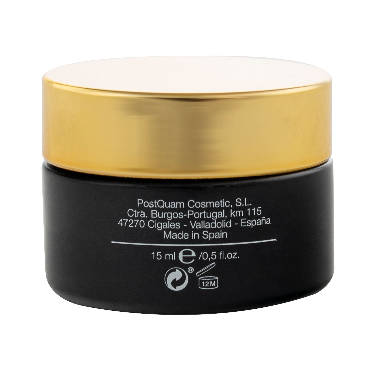 Pot noir avec couvercle doré. Inscription: LUXURY GOLD EYE CONTOUR CREAM. Marque: postQuam. 15 ml.