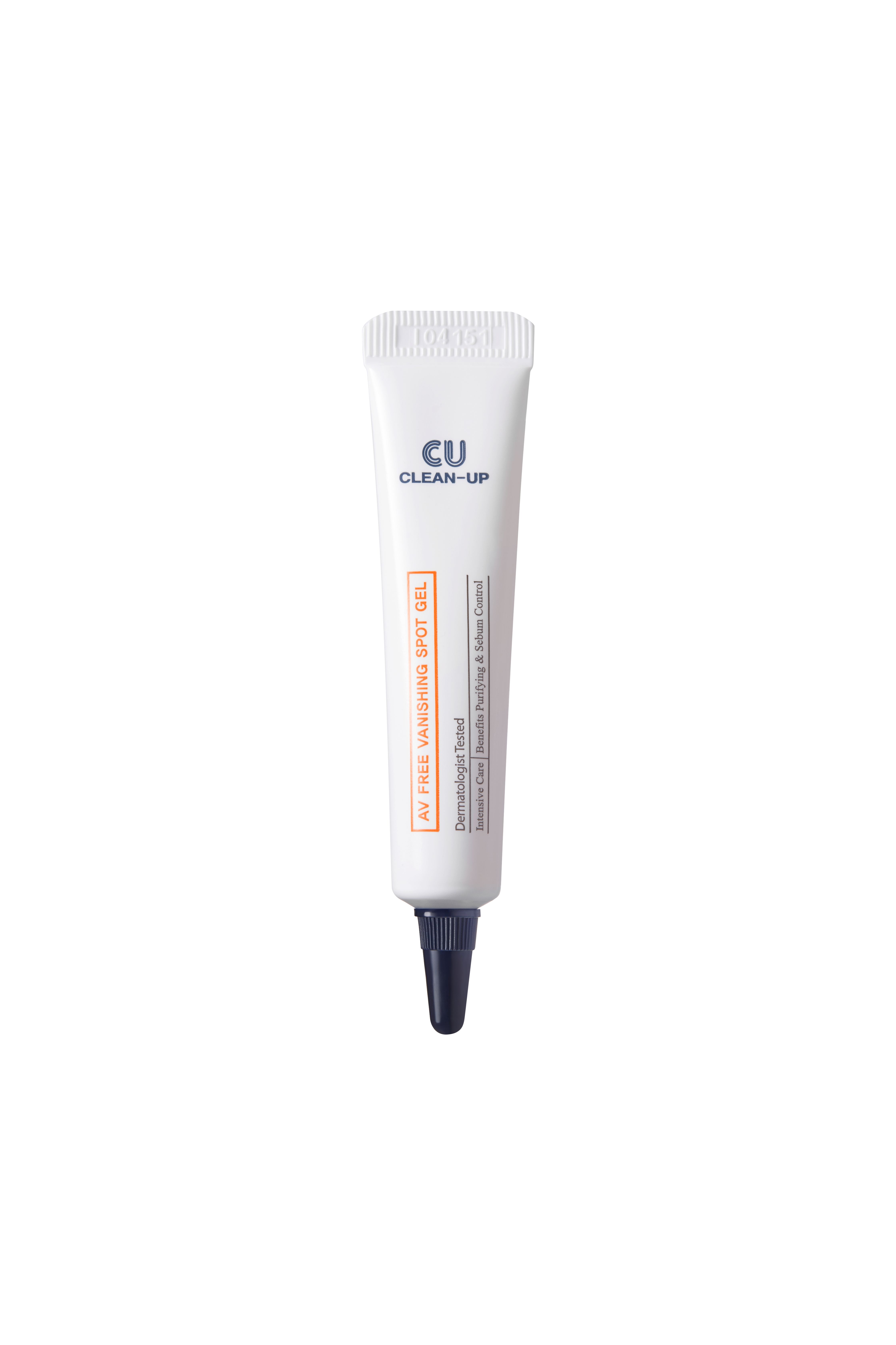 Witte tube met zwarte punt. Opschrift: CU CLEAN-UP, AV FREE VANISHING SPOT GEL. Dermatologisch getest.