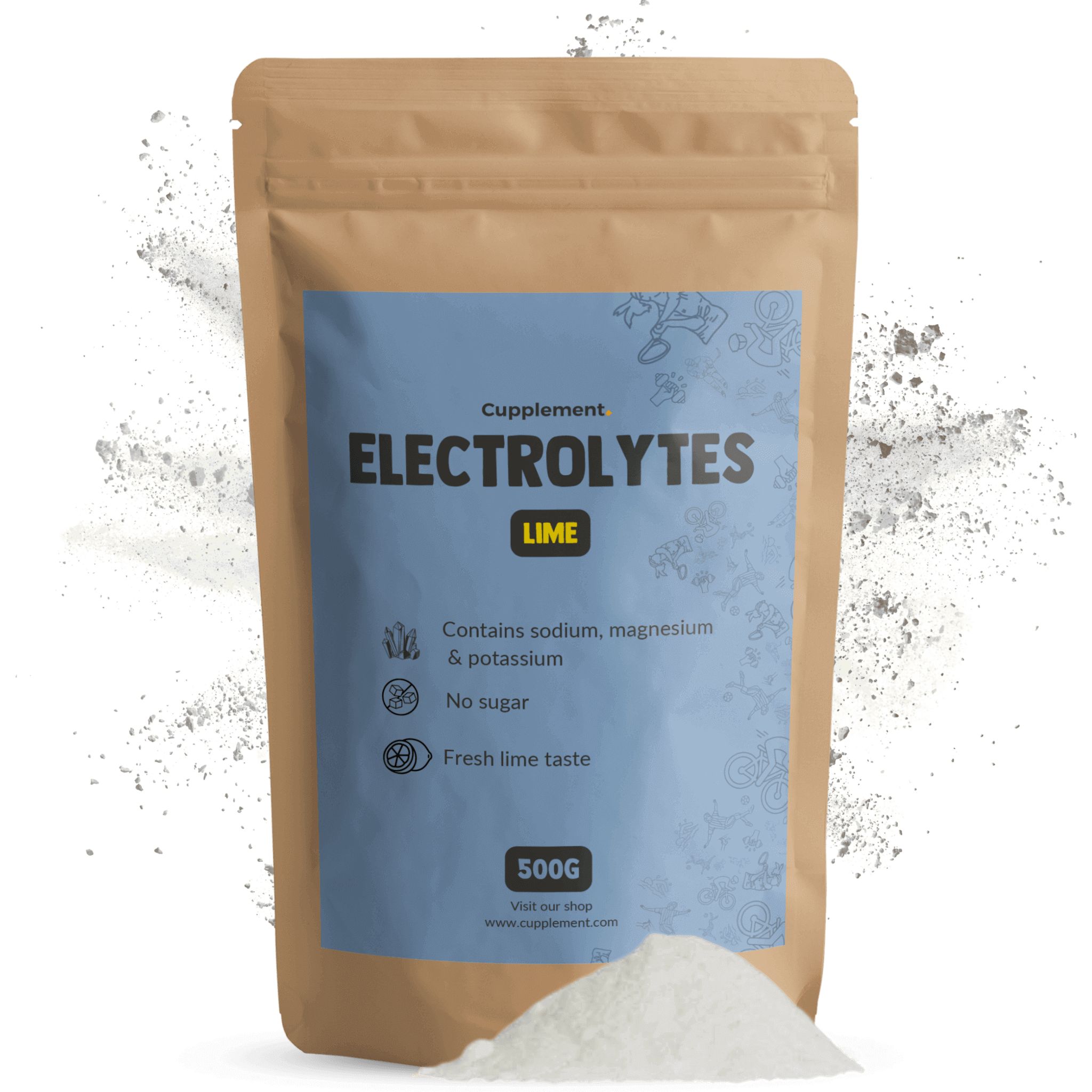 Sachet d'électrolytes. Inscription : Cupplement, Electrolytes, Lime. Contient du sodium, du magnésium et du potassium. 500g. Accumulation de poudre blanche.