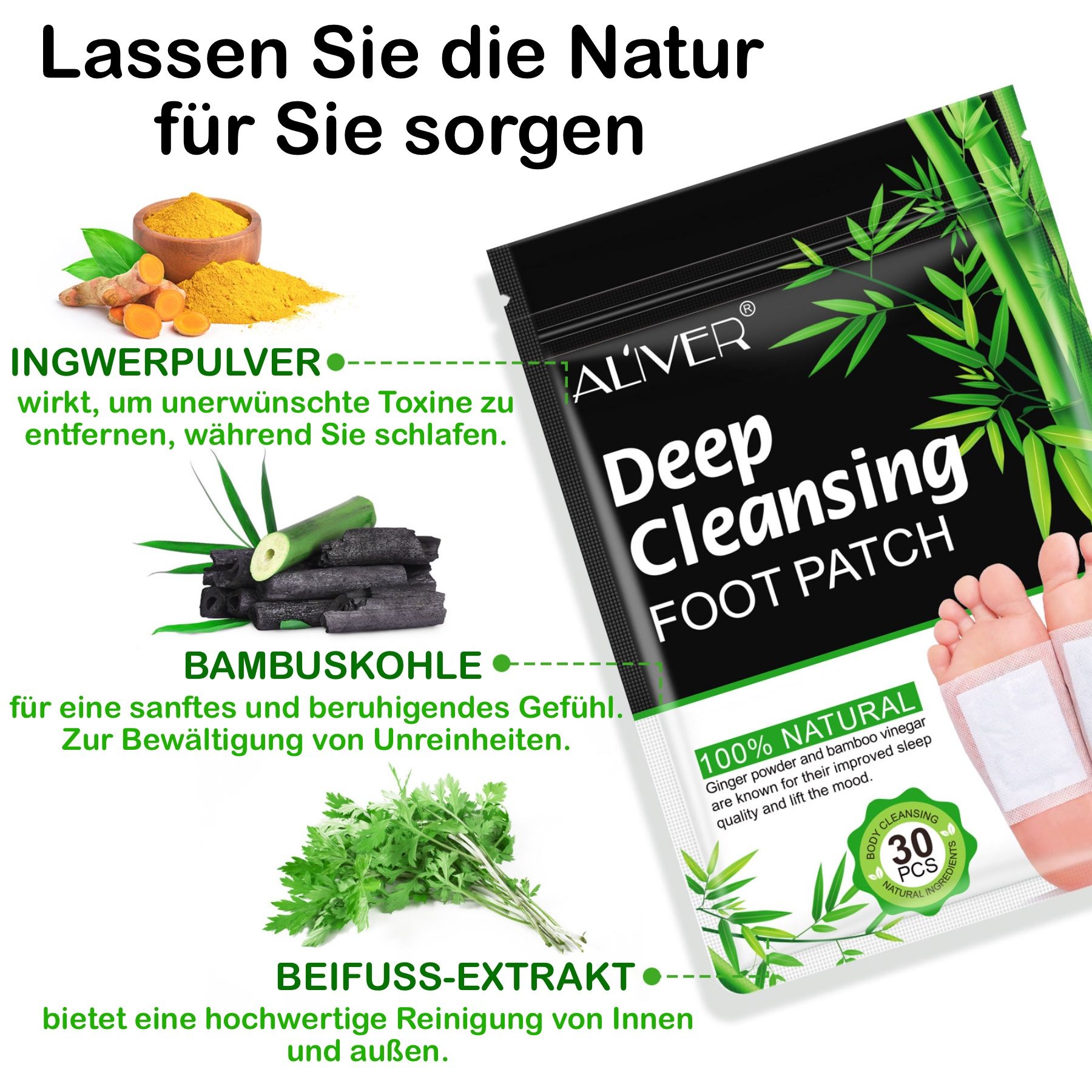ALIVER voetpleisters met bamboeazijn. Productafbeelding met ingrediënten: gember, bamboehoutskool, alsem. Tekst: Deep Cleansing Foot Patch.