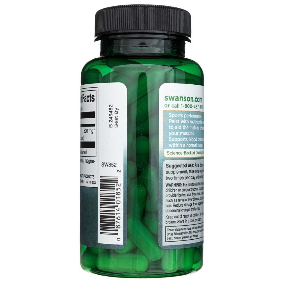 Groene fles L-Arginine capsules, achterkant met gebruiksinstructies en productinformatie.