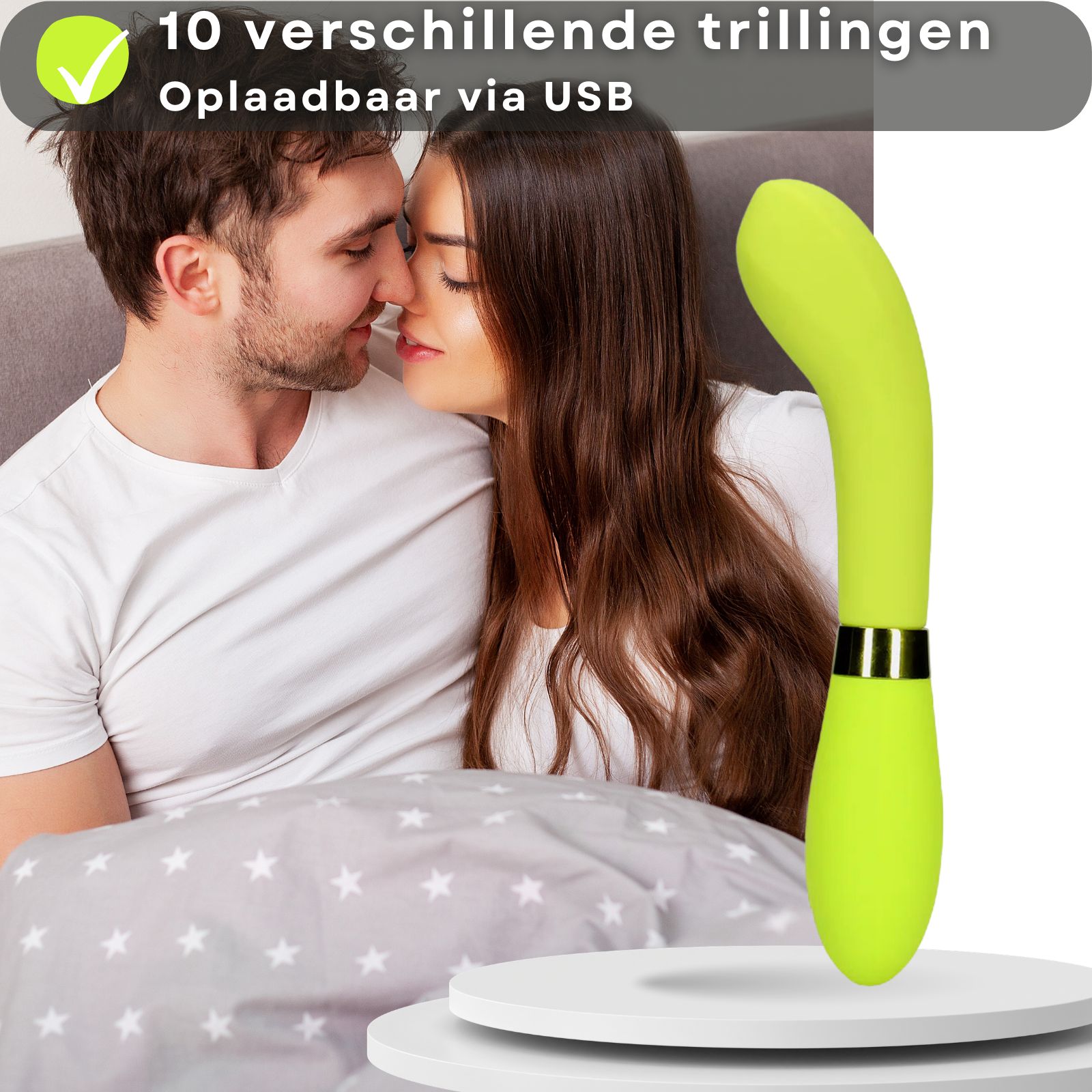 Vibrateur vert, 21cm long, 3,5cm diamètre. Dimensions affichées. Sur socle blanc.