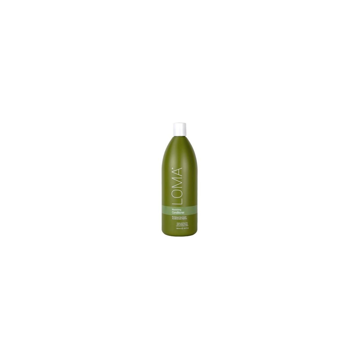 Groene fles met witte pomp. Opschrift LOMA, Shampoo. 1000 ml.