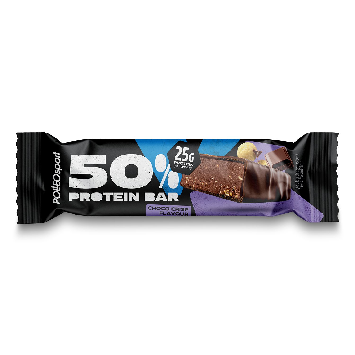Barre protéinée 50%. Emballage noir. Saveur Choco Crisp. Marque : Polleo Sport. 25g protéines par portion.