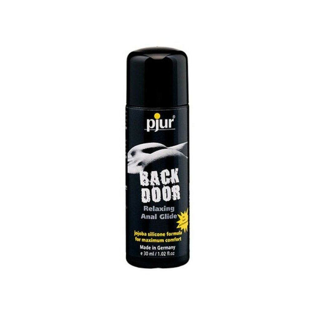 Zwarte fles met zwarte dop. Opschrift: pjur, BACK DOOR, Relaxing Anal Glide. Bevat 30ml. Gemaakt in Duitsland.