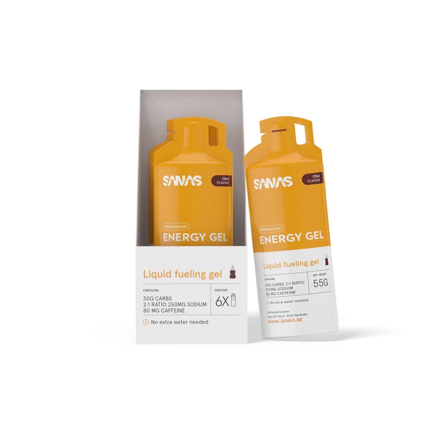 Deux bouteilles orange avec inscription "ENERGY GEL" et "SANAS", saveur cola. Une bouteille est à côté d'un paquet de six.