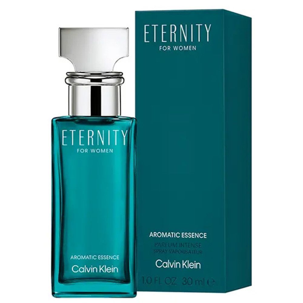 Turquoise fles en doos. Opschrift: Eternity for Women, Aromatic Essence, Calvin Klein. Op de doos: Spray Vaporisateur.