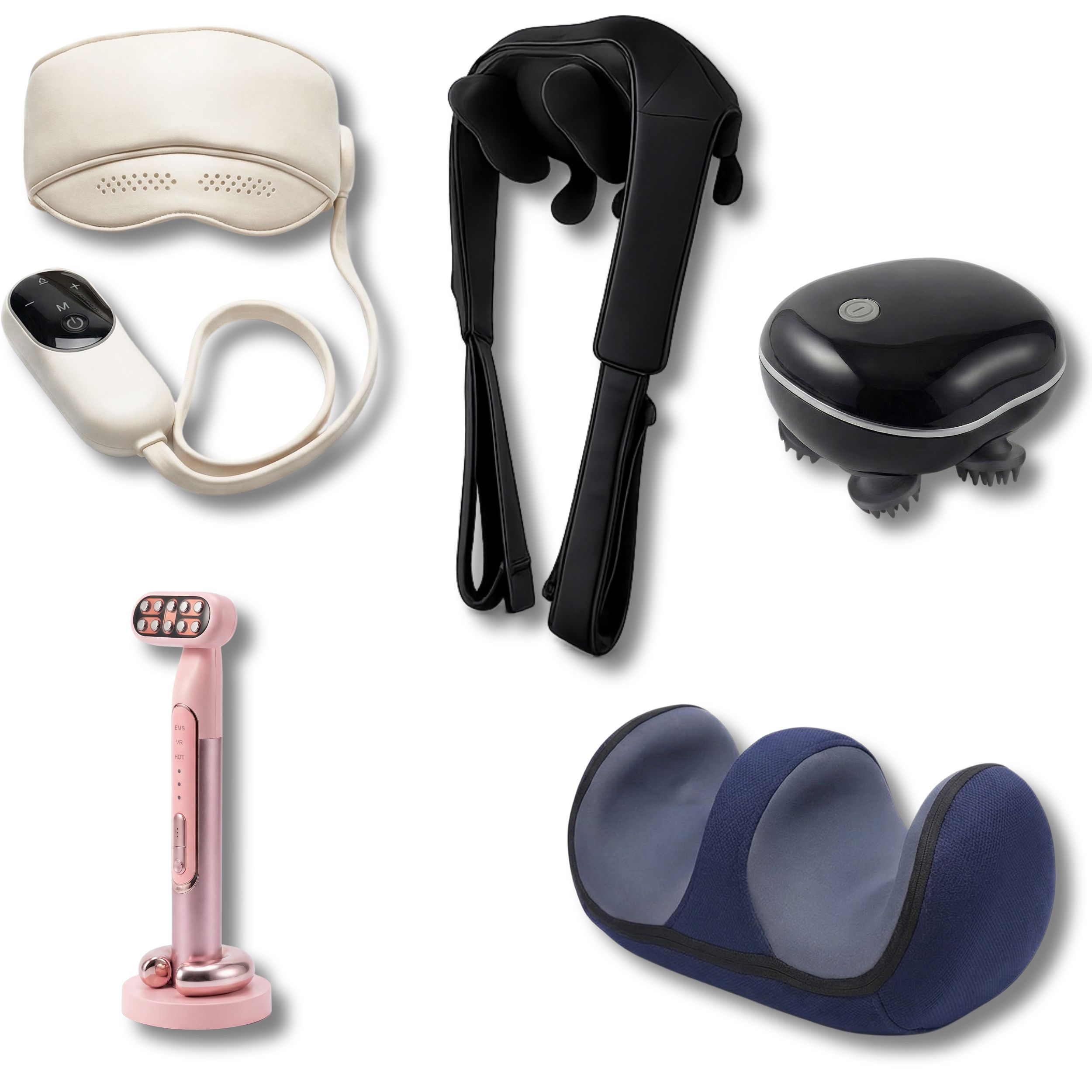 Diverse massageapparaten: oogmasker, nekmassager, hoofdmassager, gezichtsmassager, beenmassagekussen.