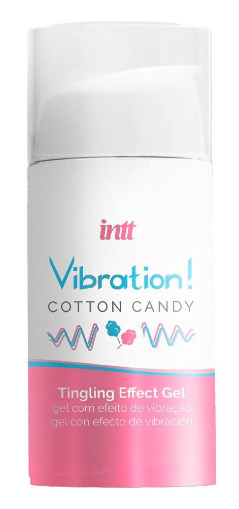 Flacon pompe. Inscription: Vibration! Cotton Candy Tingling Effect Gel. Marque: INTT. Rose et blanc.