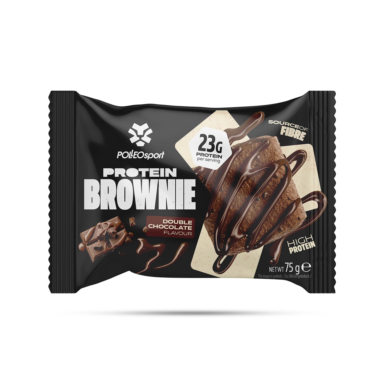 Individuele verpakking van eiwitrijke brownie reep. Opschrift: PolleoSport, Protein Brownie, 23g eiwit, Double Chocolate.