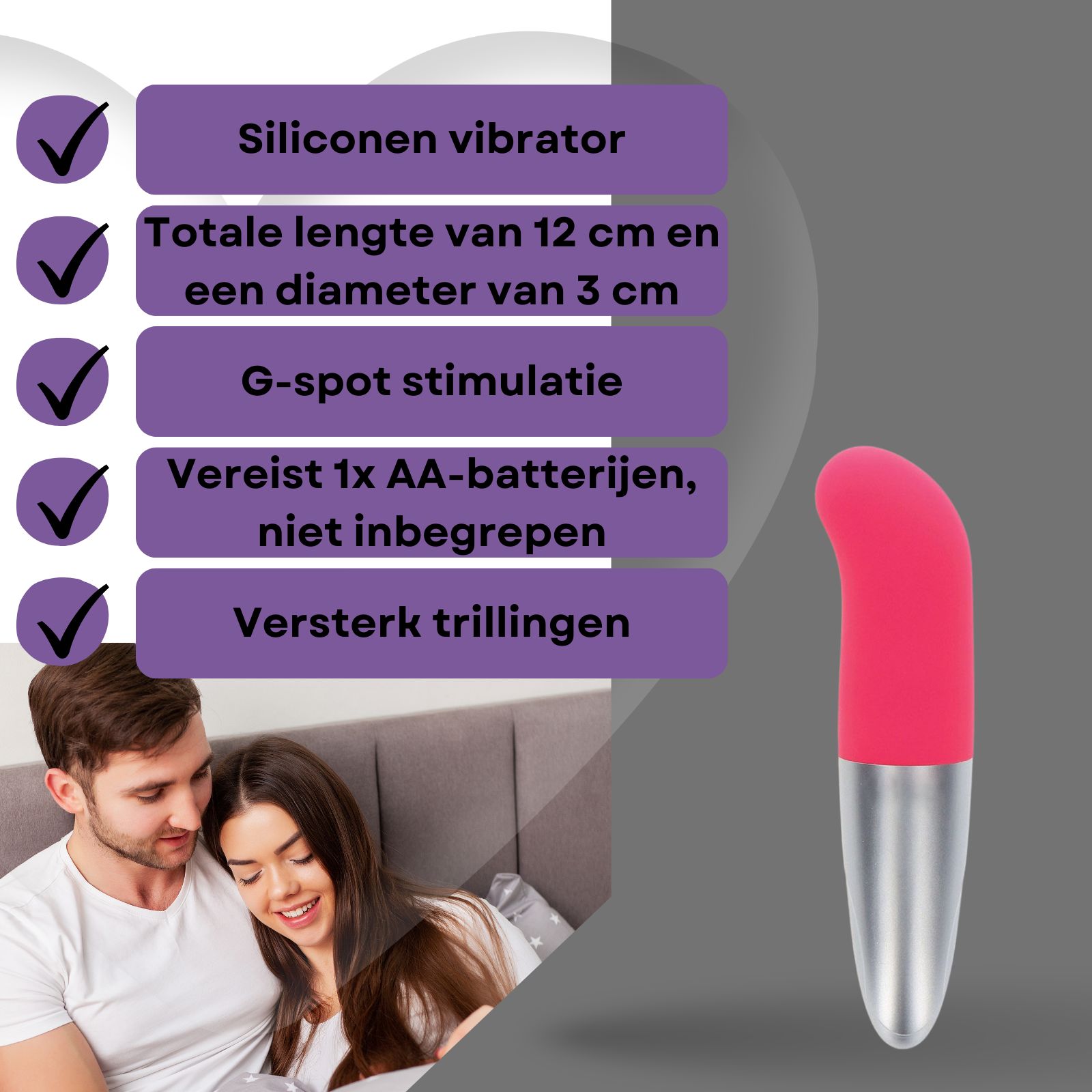 Roze en zilveren vibrator. G-spot stimulatie. Koppel op de achtergrond.