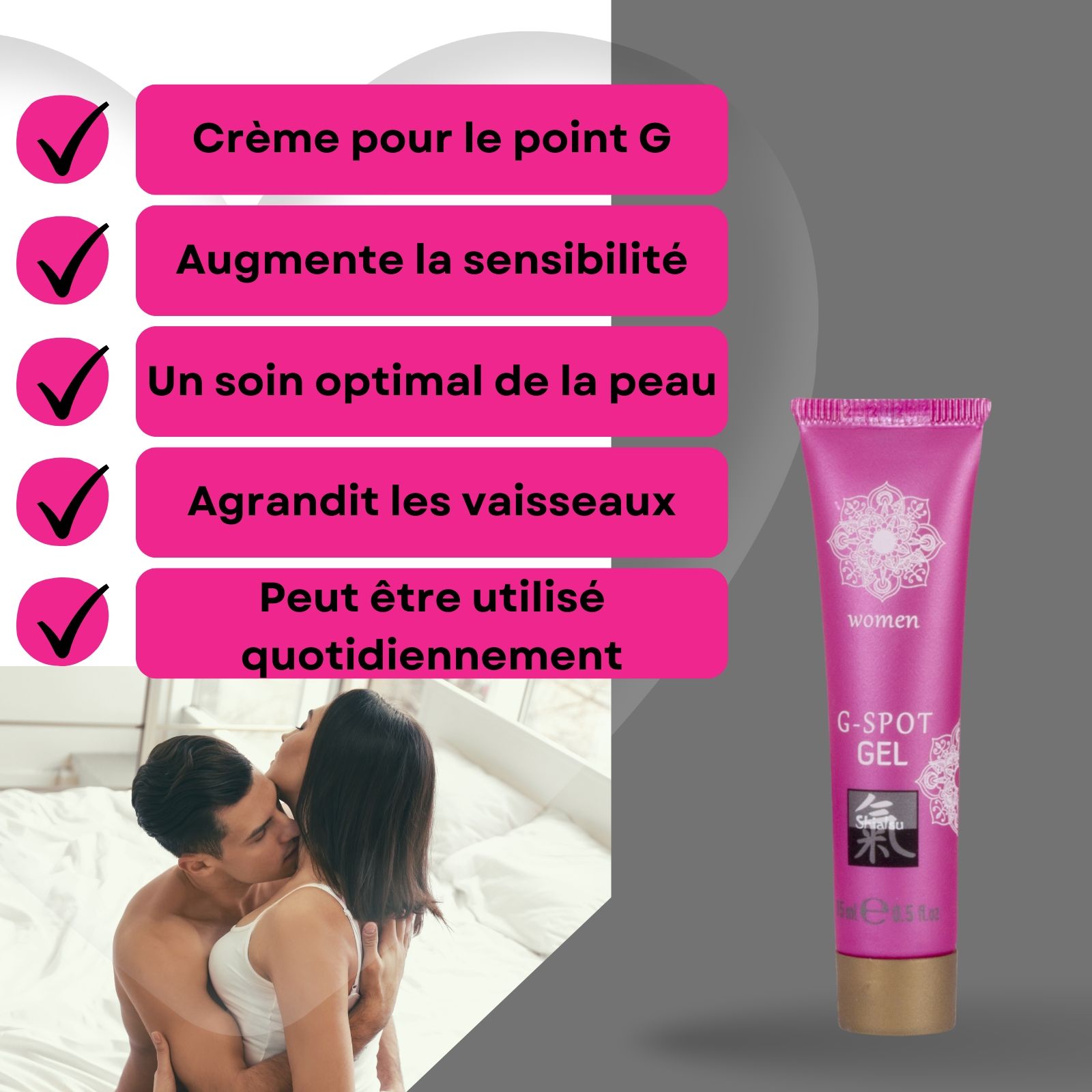 Produit et couple. Tube rose et texte : Crème G-Spot. Avantages : sensibilité, soin de la peau.