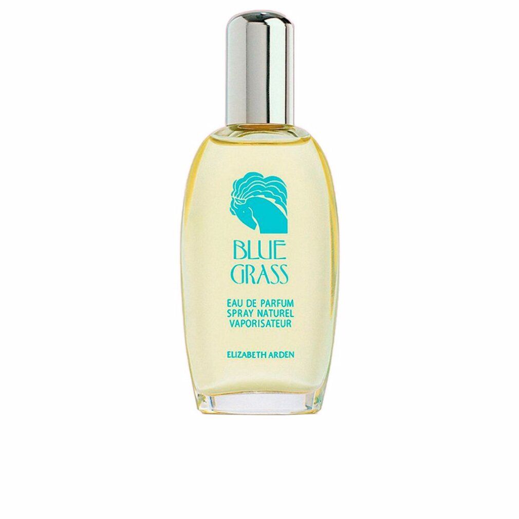 Glazen fles met zilveren dop. Opschrift "BLUE GRASS". Tekst: Eau de Parfum, Spray Naturel, Vaporisateur. Merk: Elizabeth Arden.