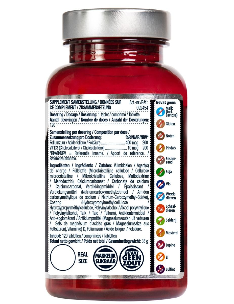Achterkant van de fles. Bevat informatie over ingrediënten, dosering en allergenen. 120 tabletten.