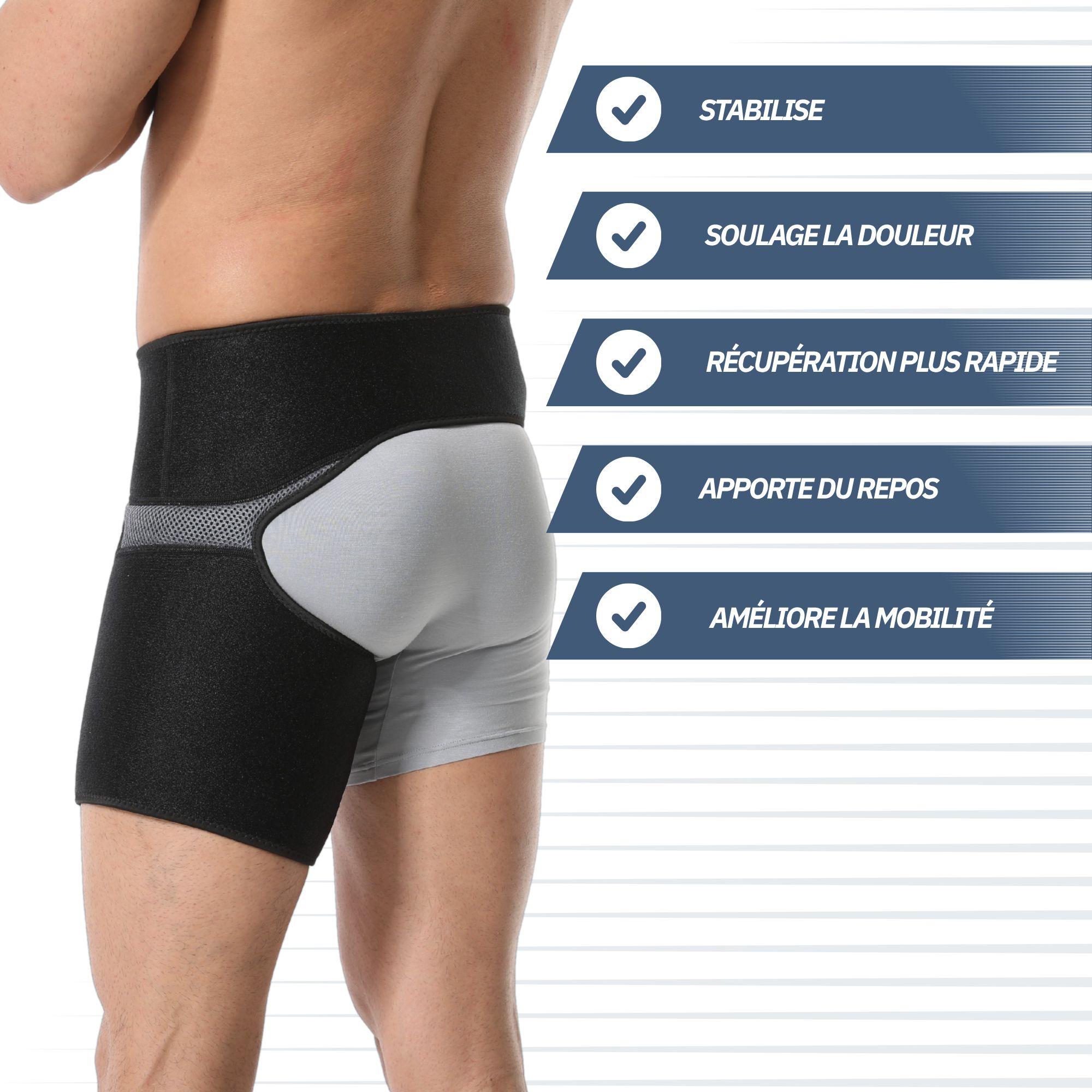 Ceinture de hanche noire avec empiècement gris, portée sur des sous-vêtements. Stabilise et soulage la douleur.