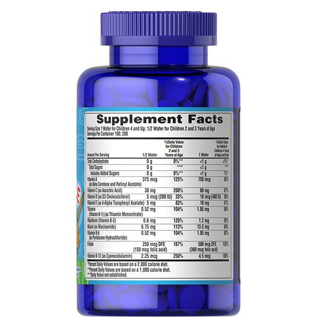 Achterkant van de Puritan's Pride Pre-Vites Kauwbare Multivitaminen voor Kinderen fles met voedingsfeiten.