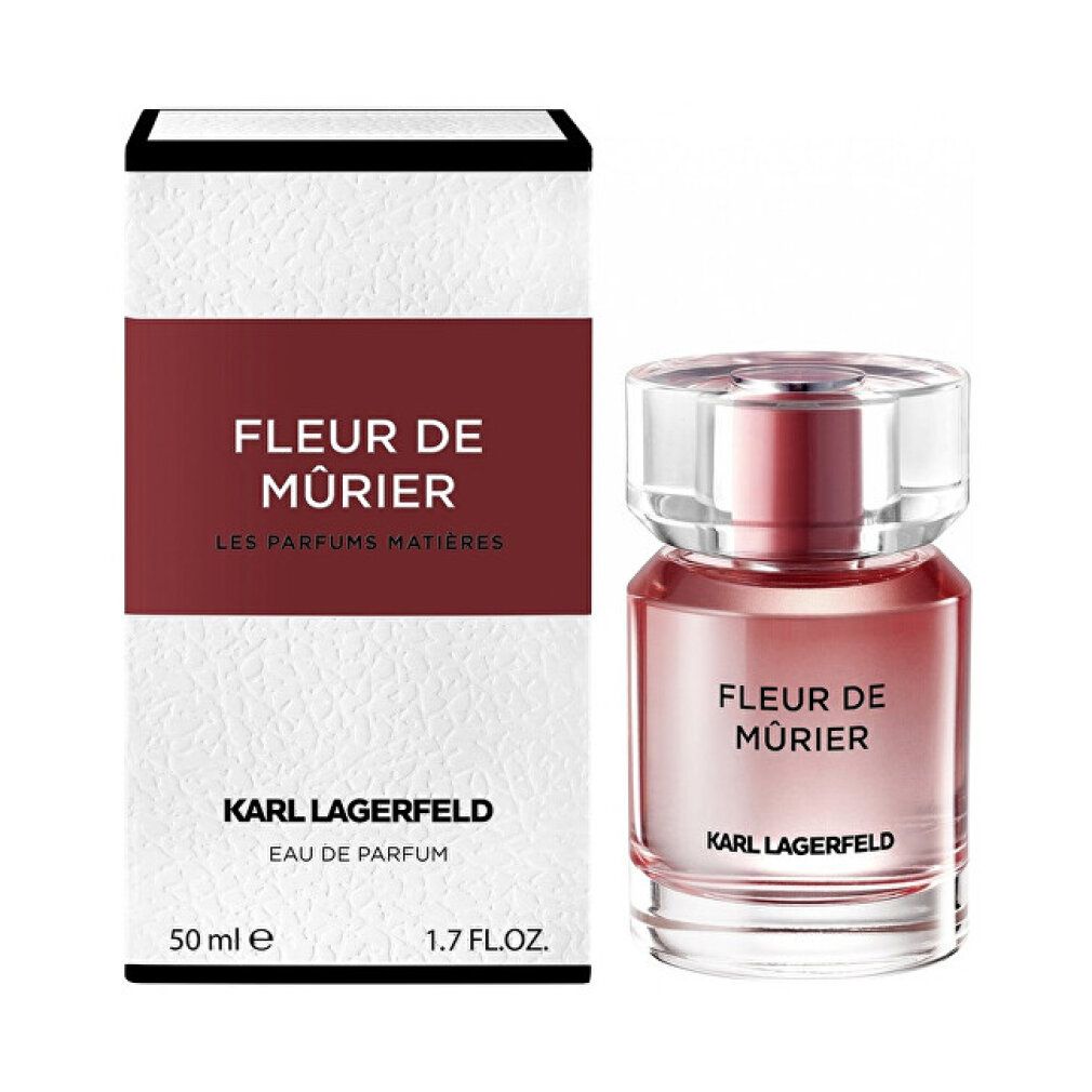 Fleur De Mûrier Eau De Parfum Spray van Karl Lagerfeld. Fles en verpakking. Wit-rood design. 50 ml, 1.7 FL.OZ.
