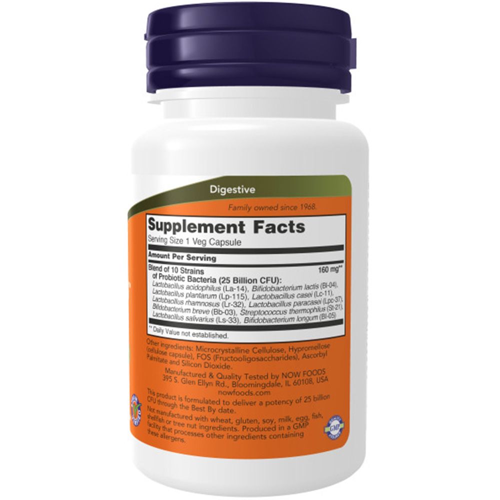 Witte fles met blauwe dop. Etiket met voedingsfeiten en ingrediënten. NOW Foods logo en productdetails.