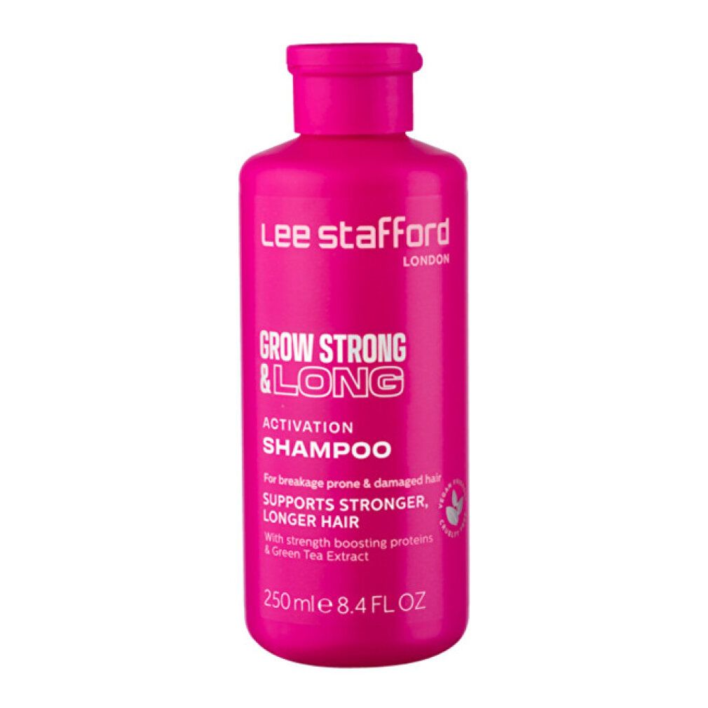 Bouteille de shampooing activateur Lee Stafford Grow Strong & Long, 250ml, rose.