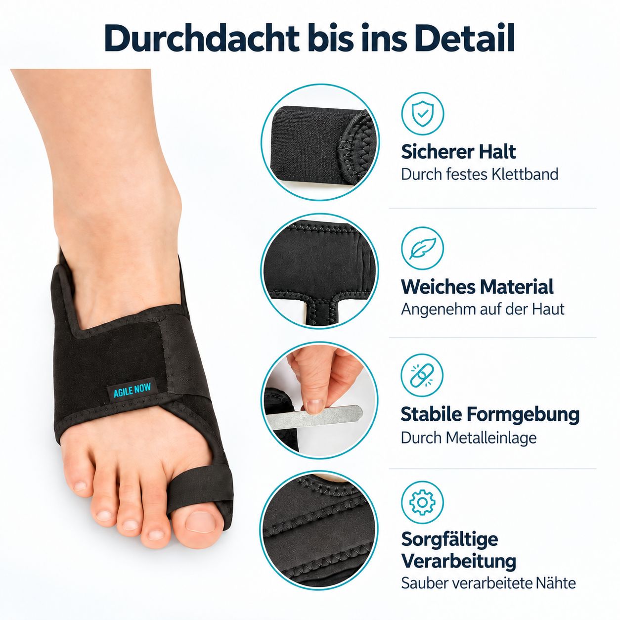 AGILE NOW Hallux Valgus correctiebandage met klittenband, metalen inzetstuk en zorgvuldige afwerking.