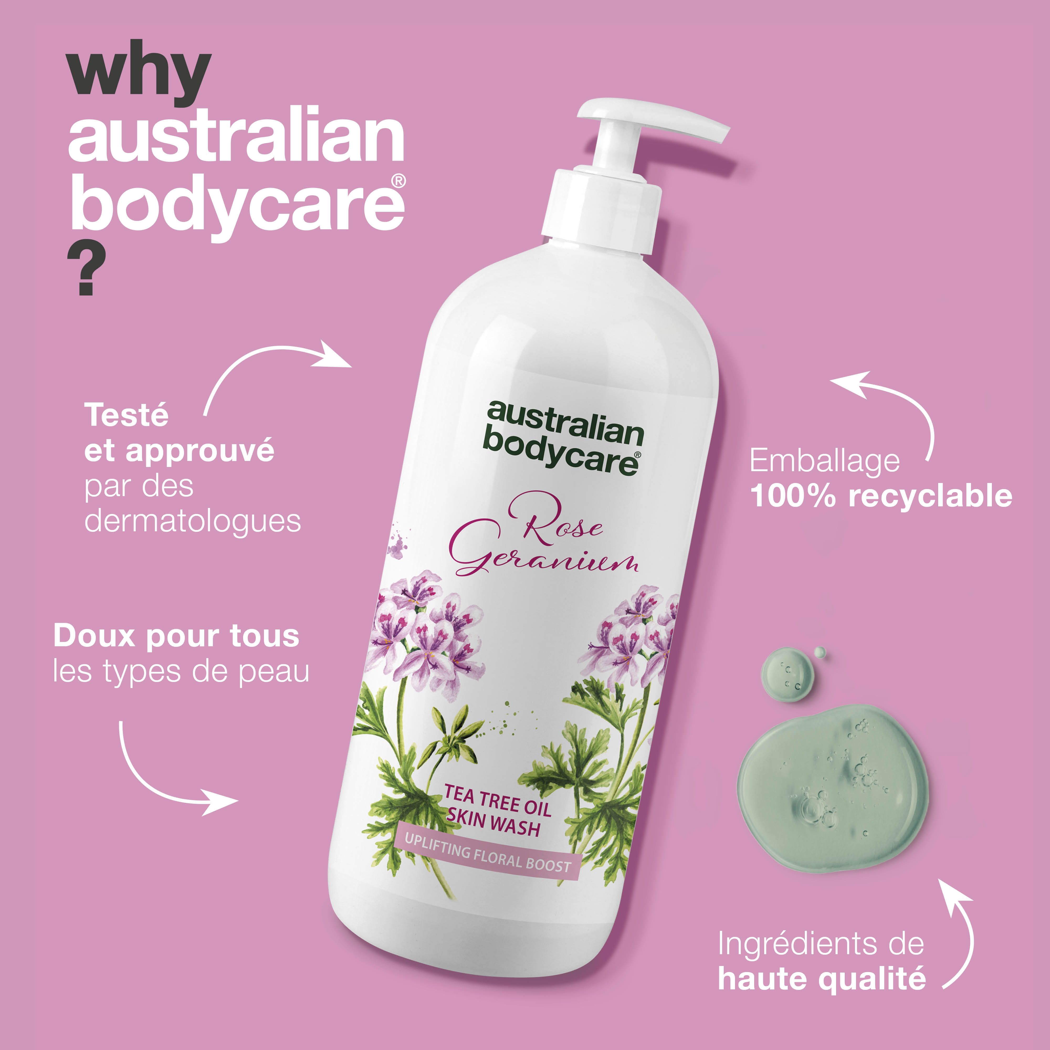 Flacon de produit avec pompe. Inscription : Rose Geranium, Tea Tree Oil Skin Wash. Texte : Pourquoi Australian Bodycare ?