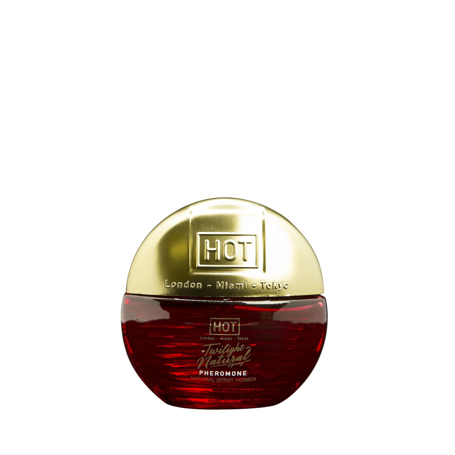 Ronde rode fles met gouden dop. Opschrift "HOT Twilight Natural Spray Pheromone".