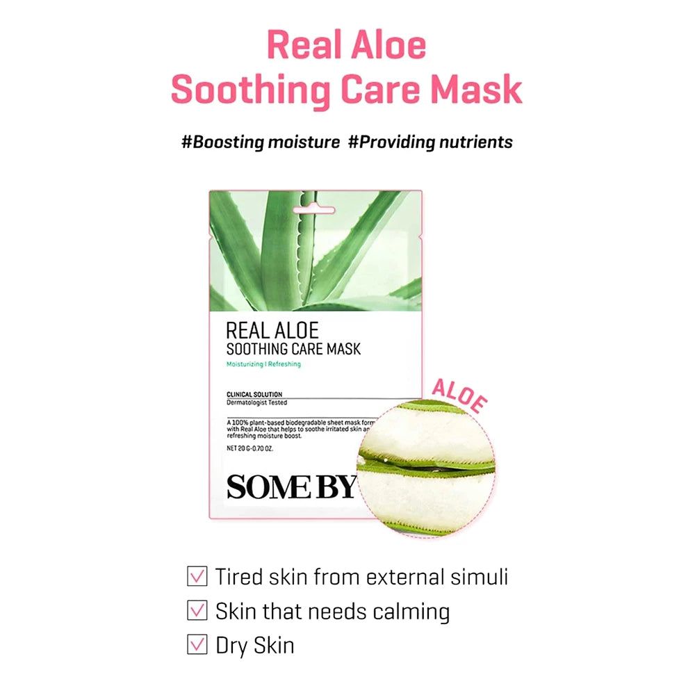 Emballage SOMEBYMI Real Aloe Soothing Care Mask. Texte: Real Aloe Soothing Care Mask, #Boosting moisture #Providing nutrients.