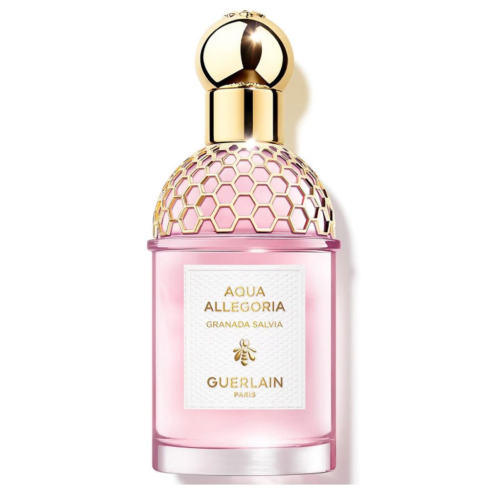 Fles. Aqua Allegoria Granada Salvia. Guerlain. Honingraatdop. Roze vloeistof. Etiket.