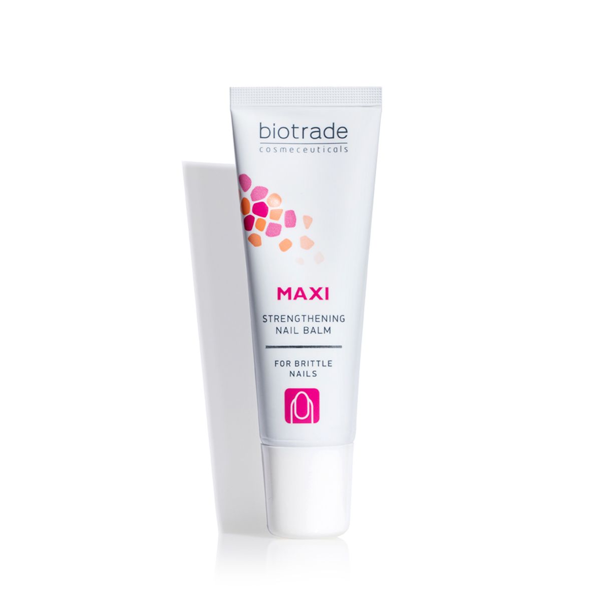 Tube sur fond blanc. Inscription Biotrade, Maxi, Strengthening Nail Balm. Pour ongles fragiles.
