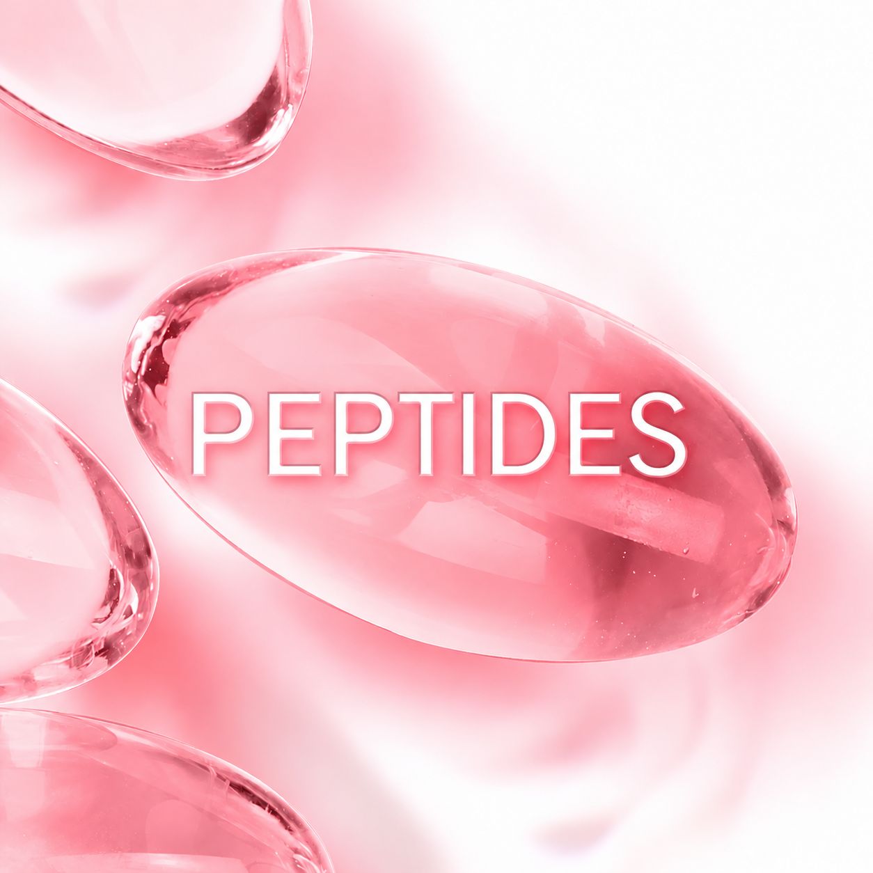 Trois gélules ovales, translucides et roses avec l'inscription "PEPTIDES".