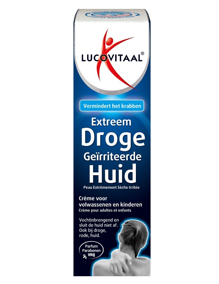 Verpakking van Lucovitaal Extreem Droge Geïrriteerde Huid crème. Blauw-witte verpakking met productnaam en logo.