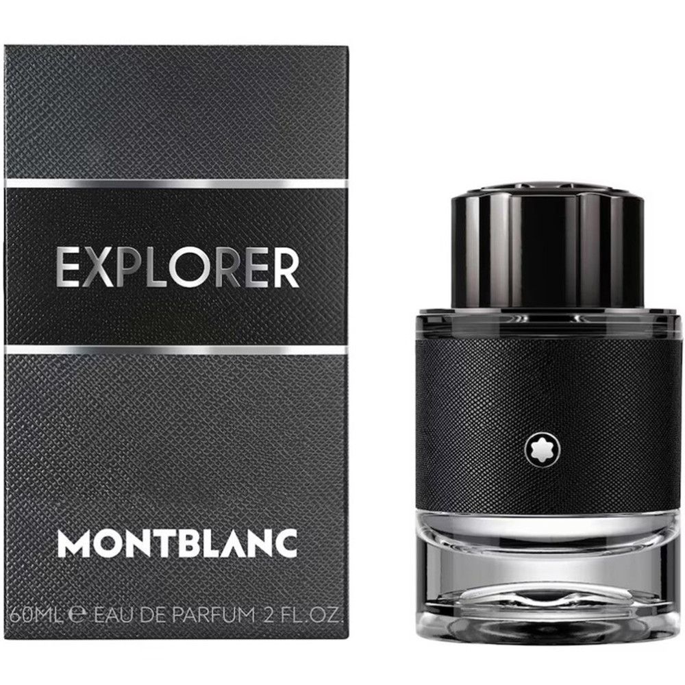 Montblanc Explorer Eau de Parfum fles en verpakking. Zwarte fles met zilveren dop. Zwarte verpakking met logo.