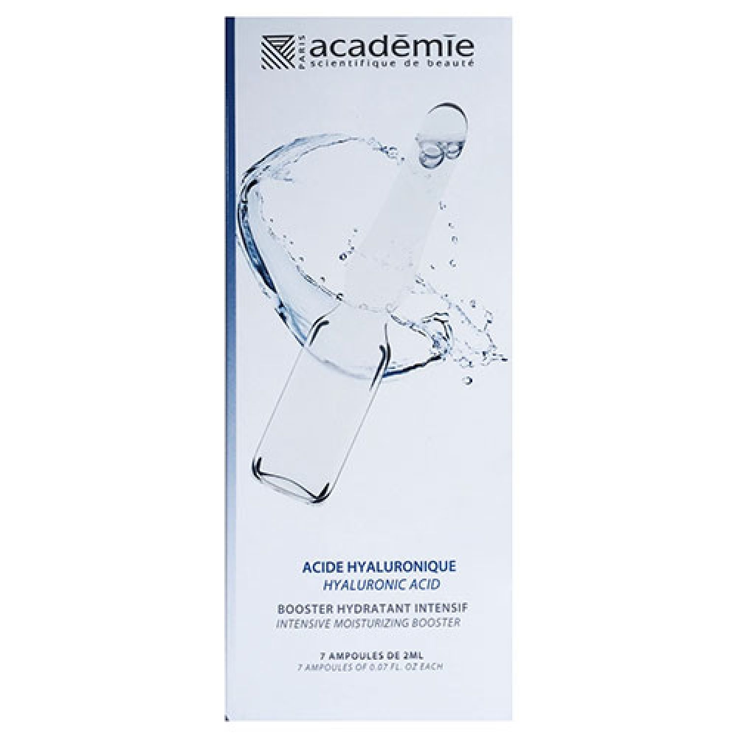 Verpakking Académie. Tekst: Acide Hyaluronique, Booster Hydratant Intensif. Illustratie van een ampul en waterspetters.