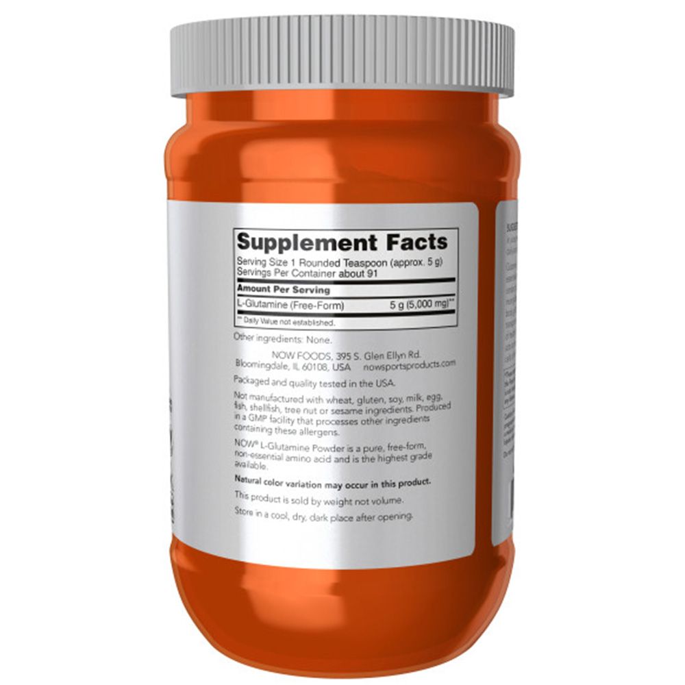 Dos d'un pot orange. Étiquette avec informations nutritionnelles et ingrédients. Marque : Now Foods. Fabriqué aux États-Unis.