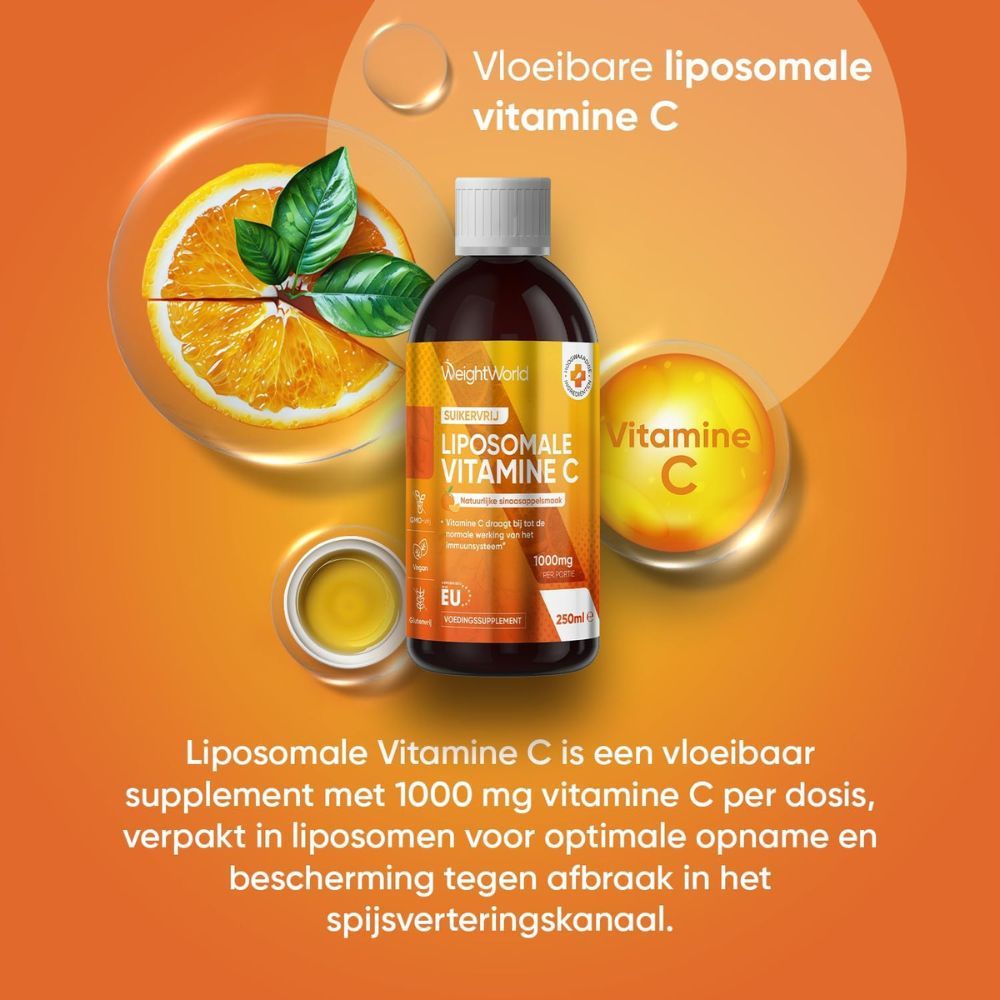 Bruine fles met vitamine C. Liposomale vitamine C. 1000 mg vitamine C per dosis. Optimale opname. 250 ml.