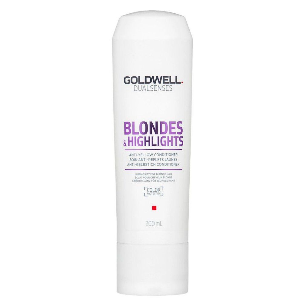 Tube blanche Goldwell Blondes & Highlights Anti-Yellow Conditioner. Texte violet. 200ml.