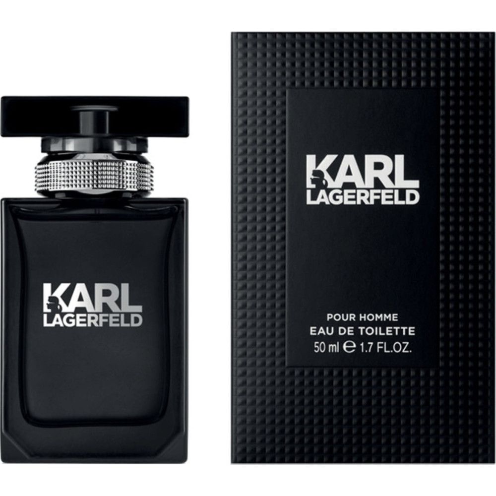 Flacon et boîte noirs. Inscription: KARL LAGERFELD. Eau de Toilette. 50 ml.