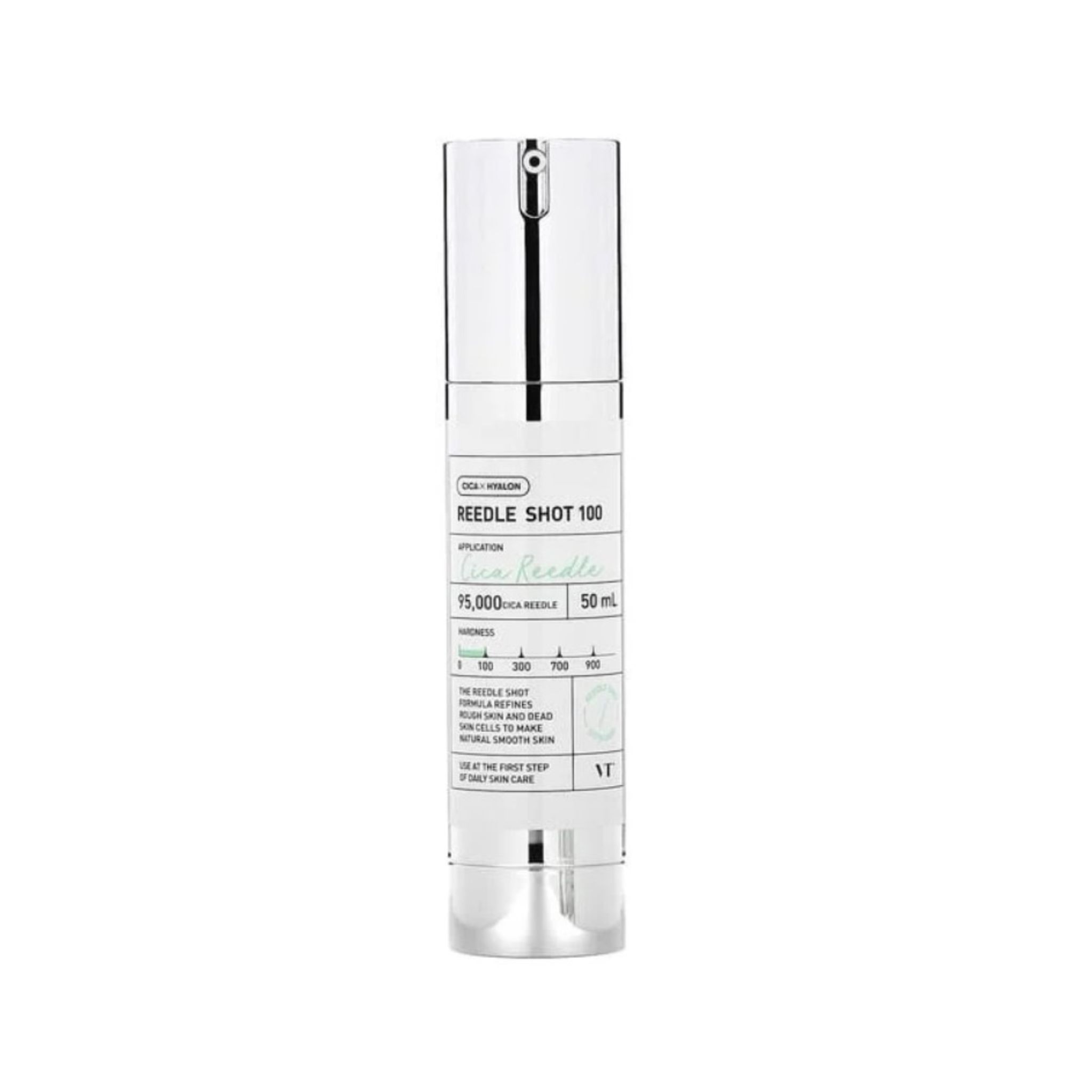 Flacon de sérum VT COSMETICS Reedle Shot 100 avec distributeur argenté et étiquette.