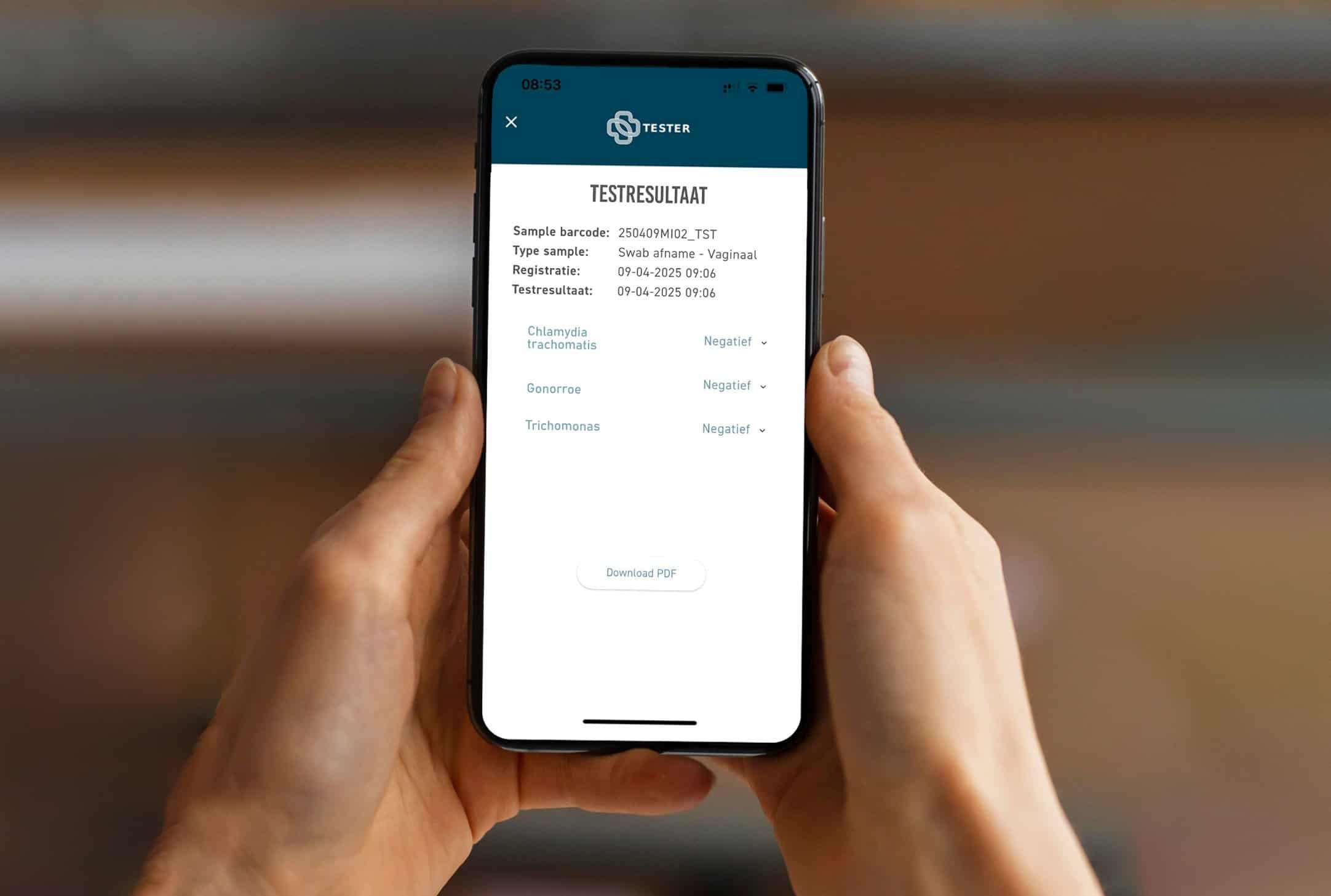 L'application Tester affiche le résultat du test Chlamydia, Gonorrhée et Trichomonas. Négatif.
