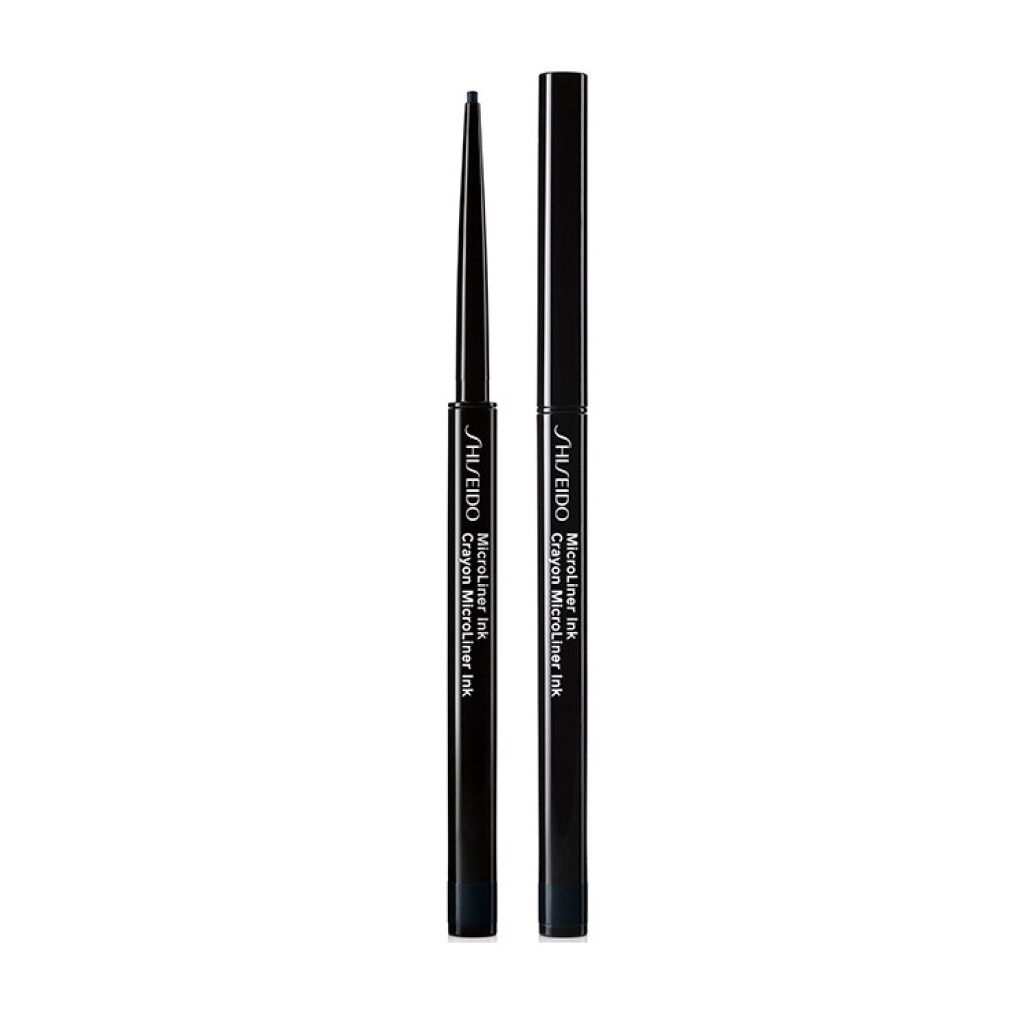 Deux eye-liners noirs. L'un est ouvert, l'autre fermé. Marque: Shiseido MicroLiner Ink.
