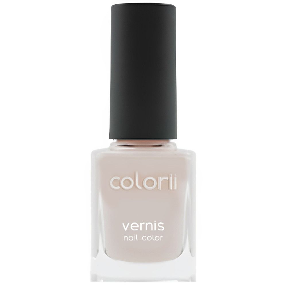 Flacon de vernis à ongles avec bouchon noir. Inscription : colorii, vernis, nail color. Teinte : beige clair.