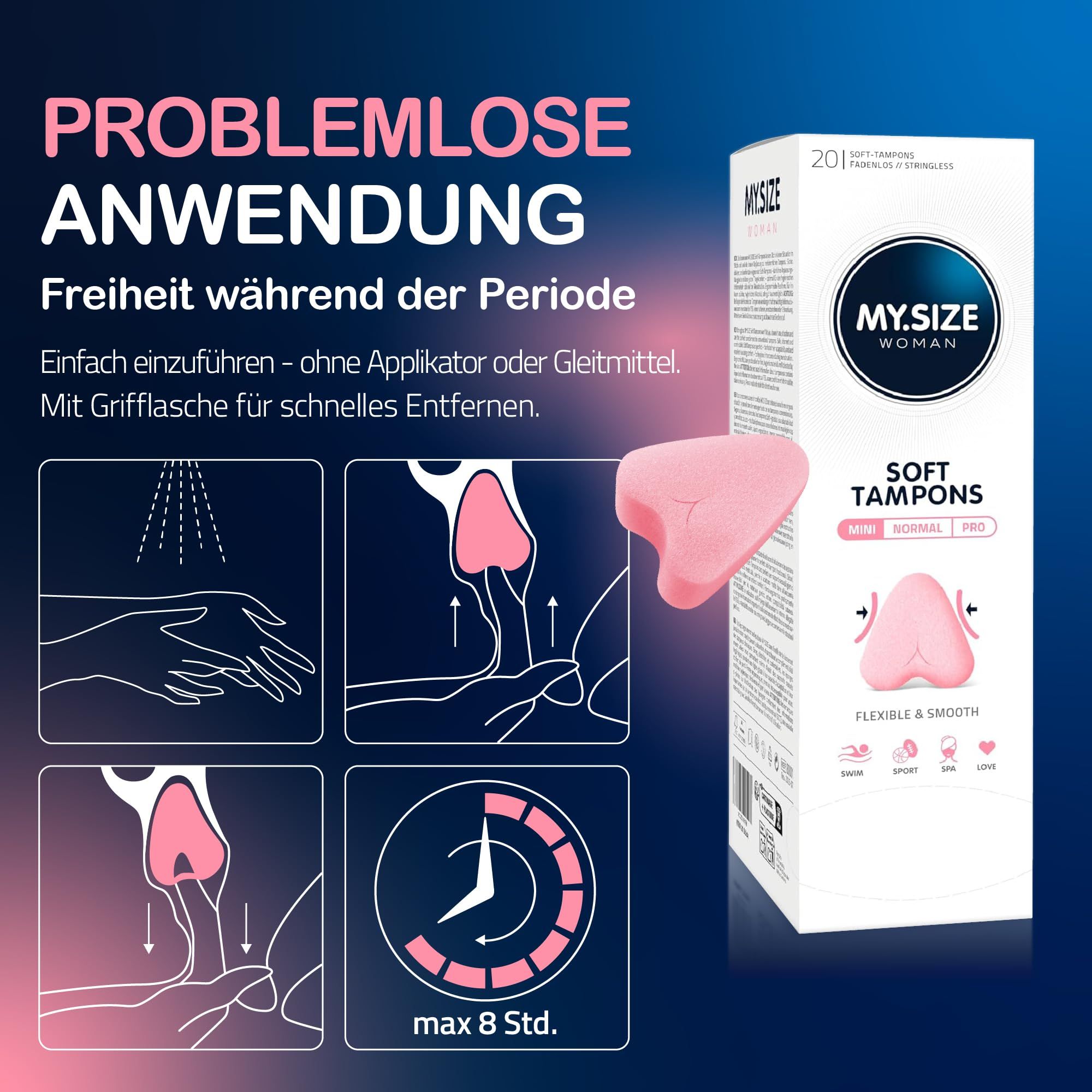 Instructies voor het gebruik van zachte tampons: handen wassen, inbrengen, verwijderen.