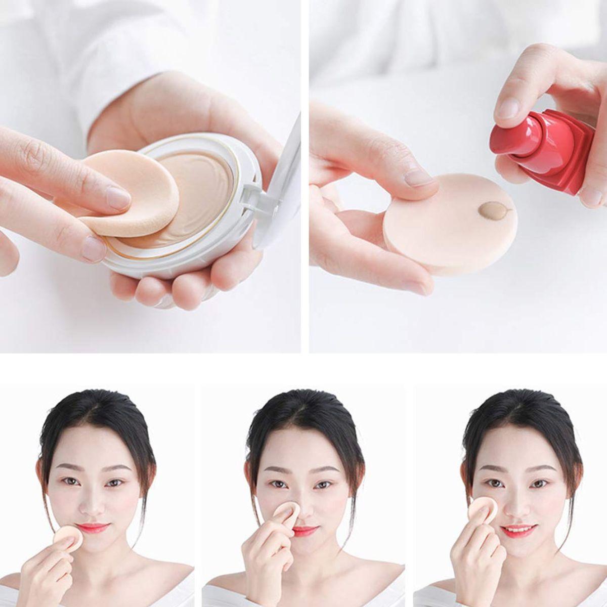 Une main tient une éponge de maquillage ronde et beige recouverte de fond de teint.
