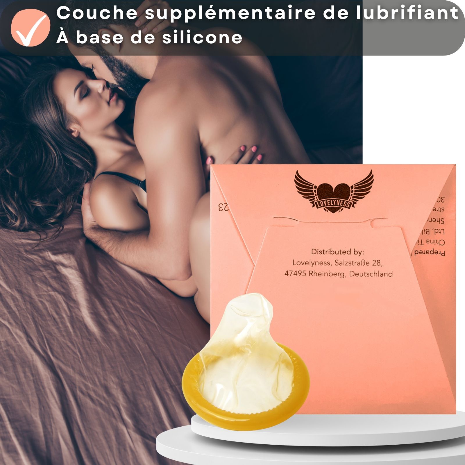 Emballage et préservatif. Texte: Couche lubrifiante supplémentaire à base de silicone.