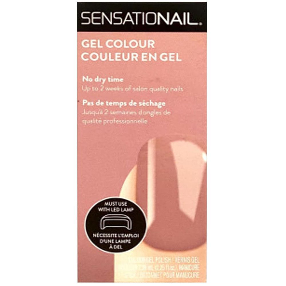 Vernis gel Sensationail. Emballage rose avec image du produit. Texte: Gel Colour, No dry time, Must use with LED lamp.