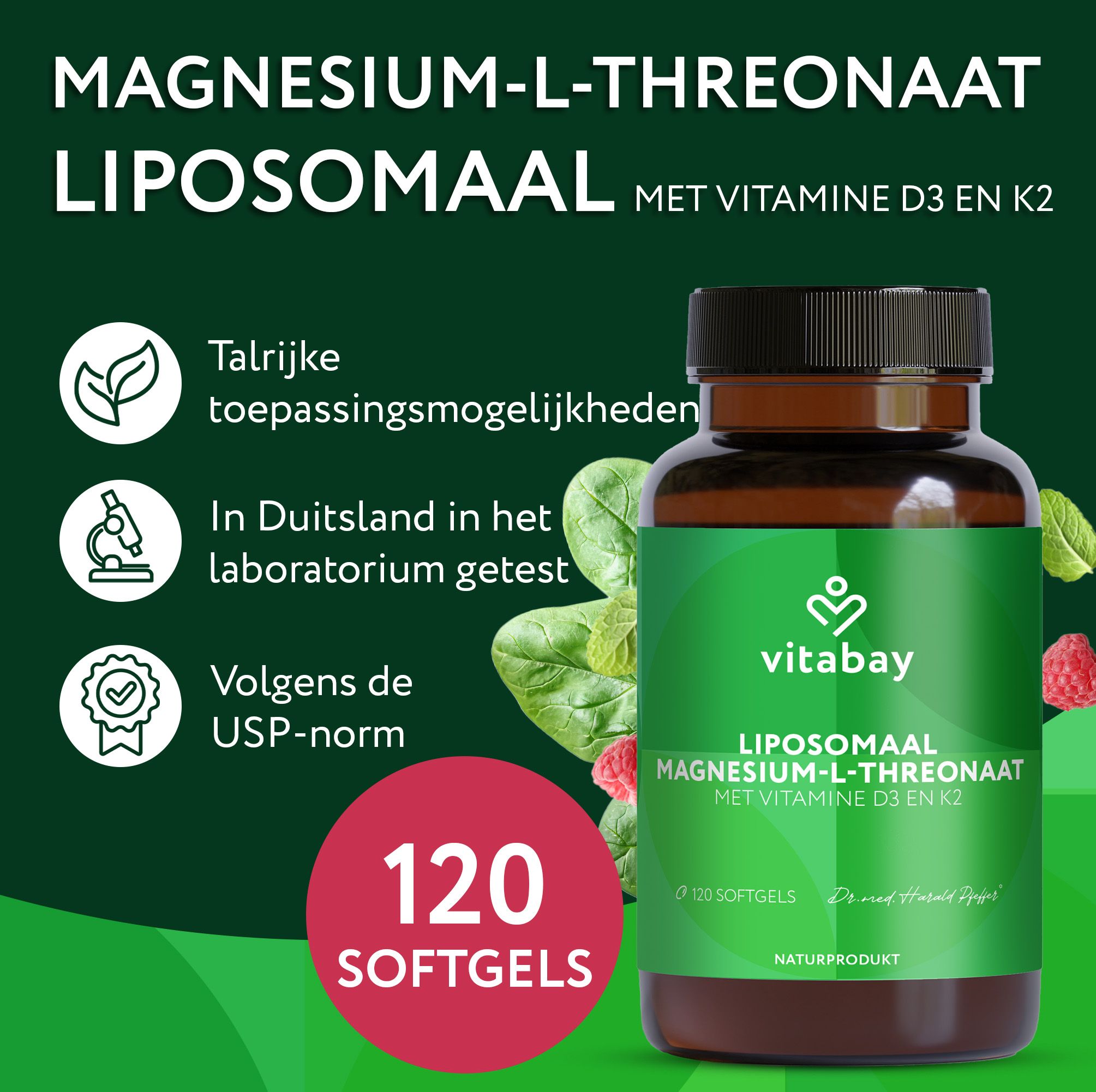 Vitabay Liposomale Magnesium L-Threonaat. 120 softgels. Talrijke toepassingsmogelijkheden. In Duitsland in het laboratorium getest.