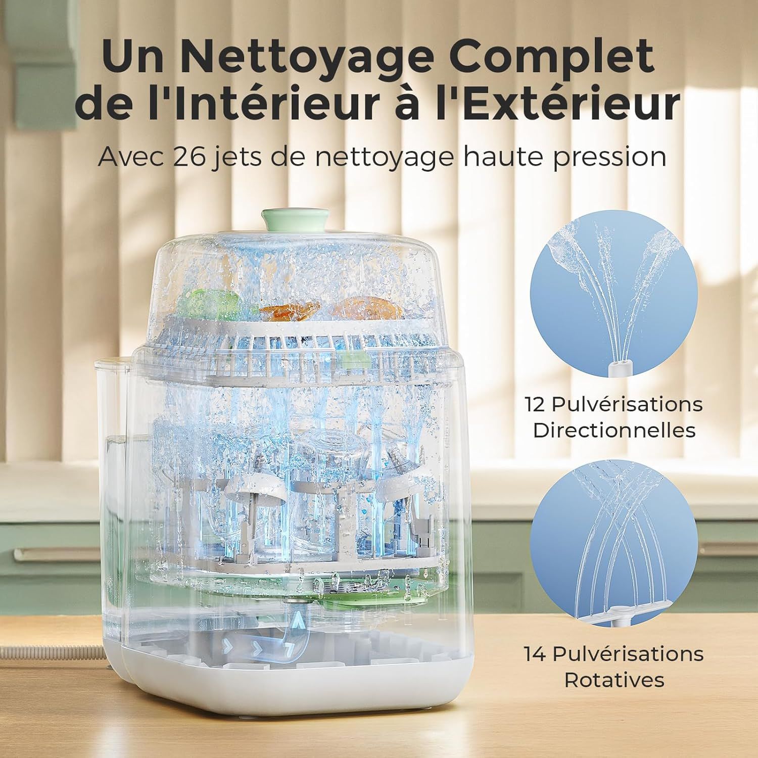 Un nettoyeur de biberons transparent à plusieurs niveaux avec des jets d'eau pulvérisés.