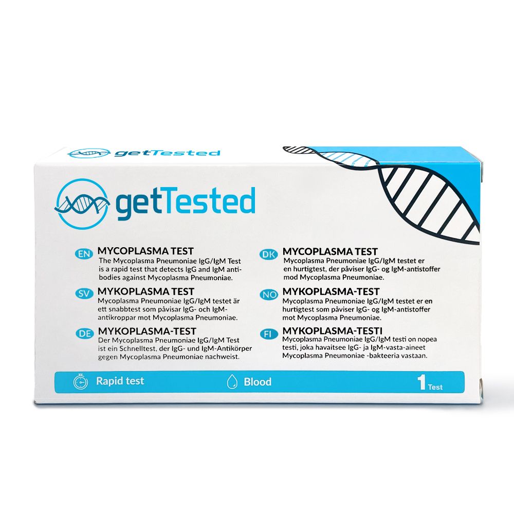 Doos van de GetTested Mycoplasma-test. Bevat informatie in meerdere talen, waaronder Duits, Engels, Zweeds, Deens, Noors en Fins.