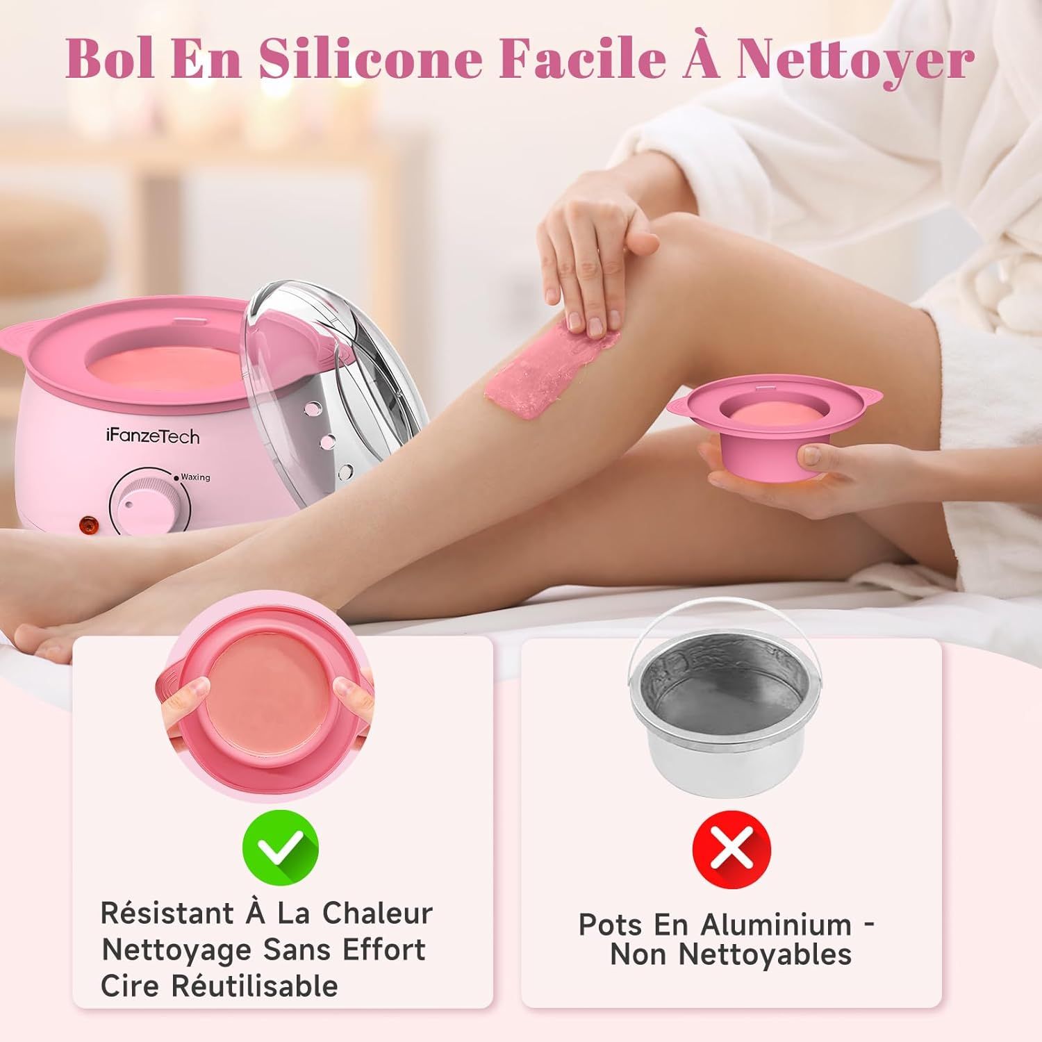 Chauffe-cire rose avec écran numérique et pot en silicone. À côté, une personne appliquant de la cire sur sa jambe.